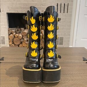 Black Platform Boots with Yellow Flame Design